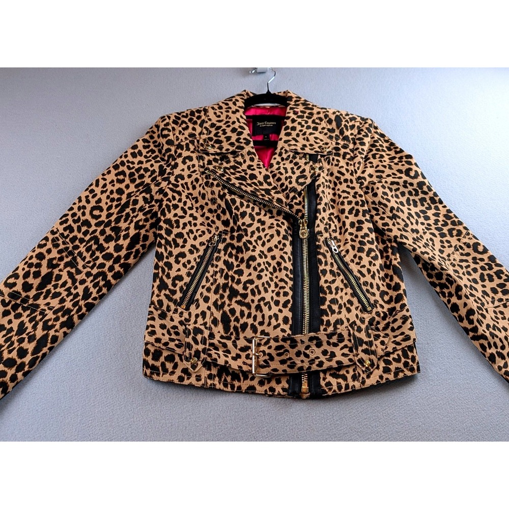 Juicy Couture Leopard Print Moto Jacket Gold Zip Belted Pink Lining Small